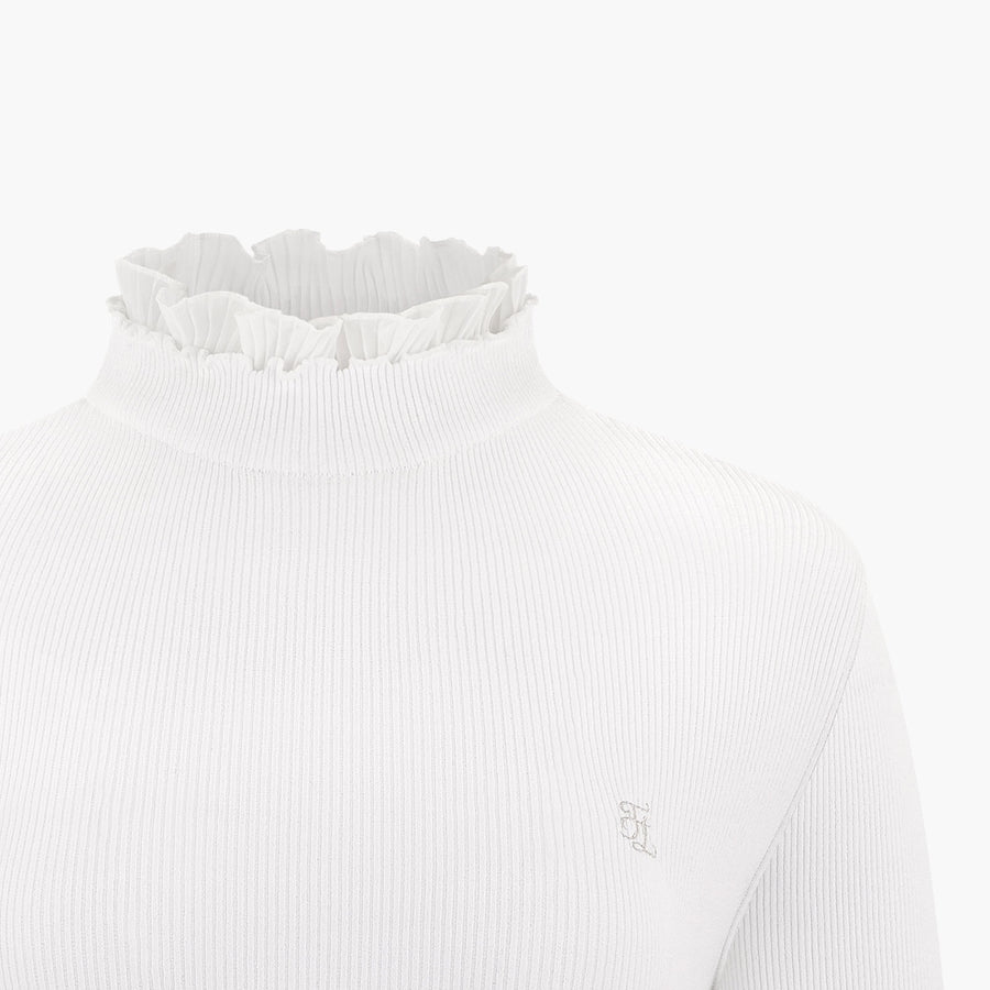 DOUBLE FRILL HIGH-NECK RIBBED KNIT