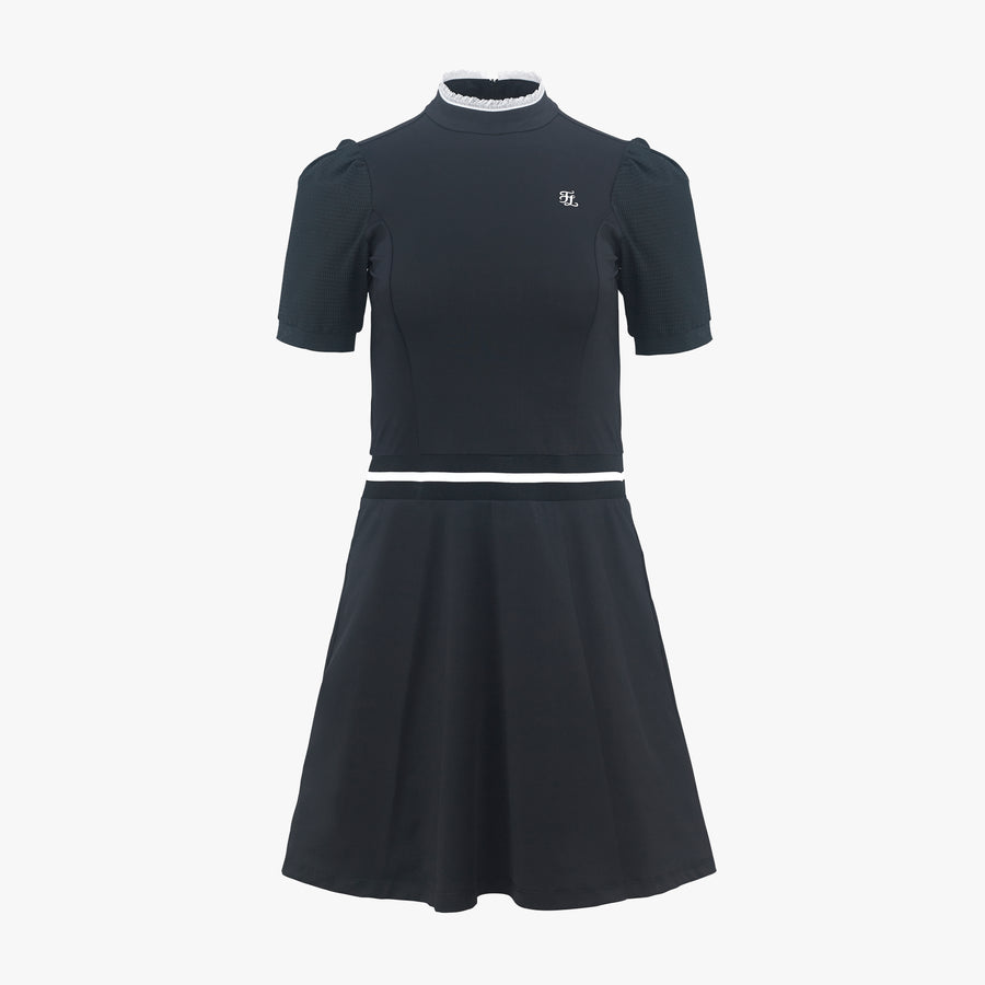 PUFF SLEEVE PLEATS NECK DRESS