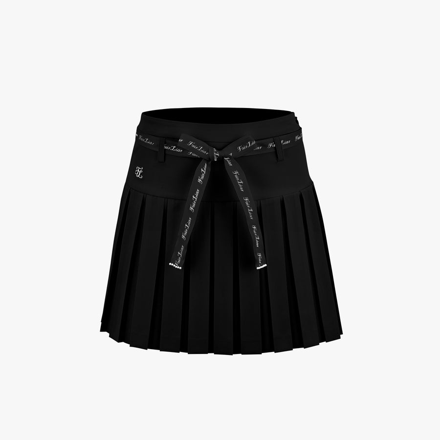 RIBBON BELT HIGH-WAIST DOUBLE PLEATED SKIRT