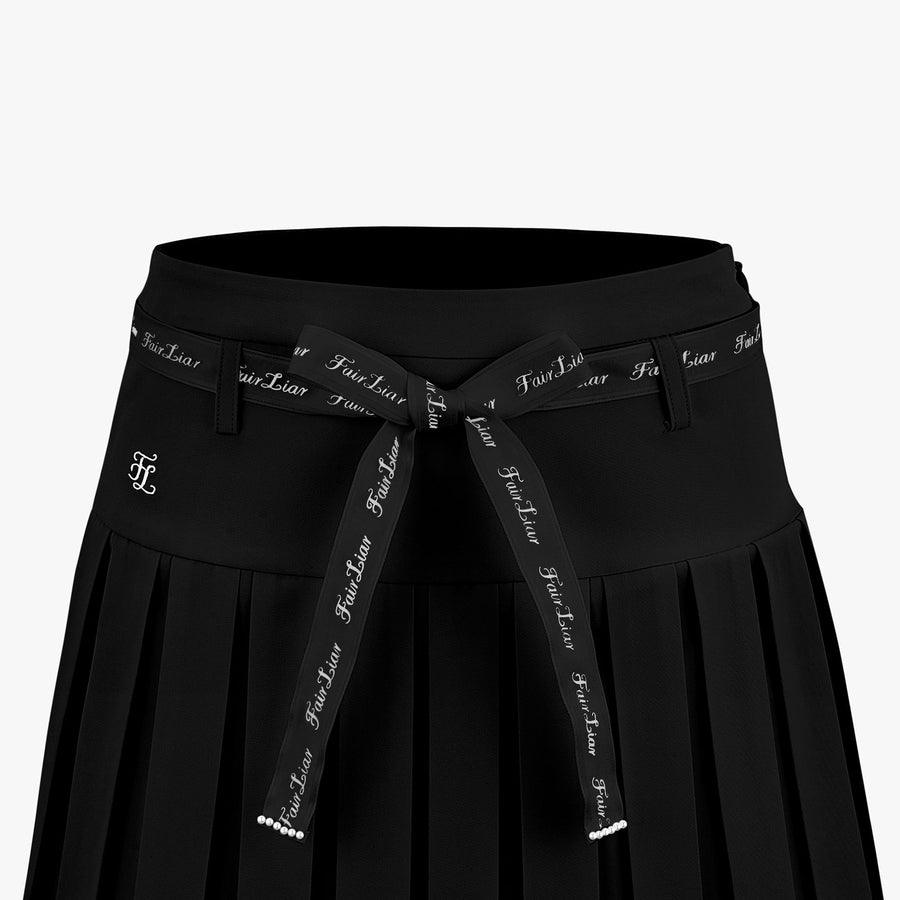 RIBBON BELT HIGH-WAIST DOUBLE PLEATED SKIRT