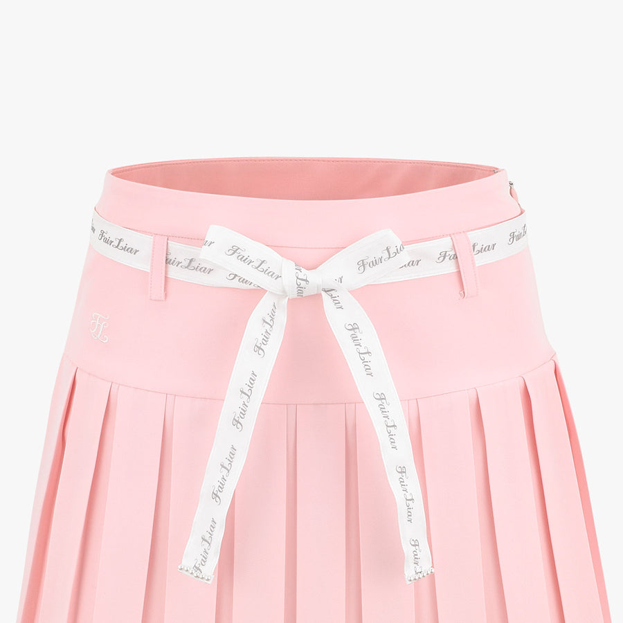 RIBBON BELT HIGH-WAIST DOUBLE PLEATED SKIRT